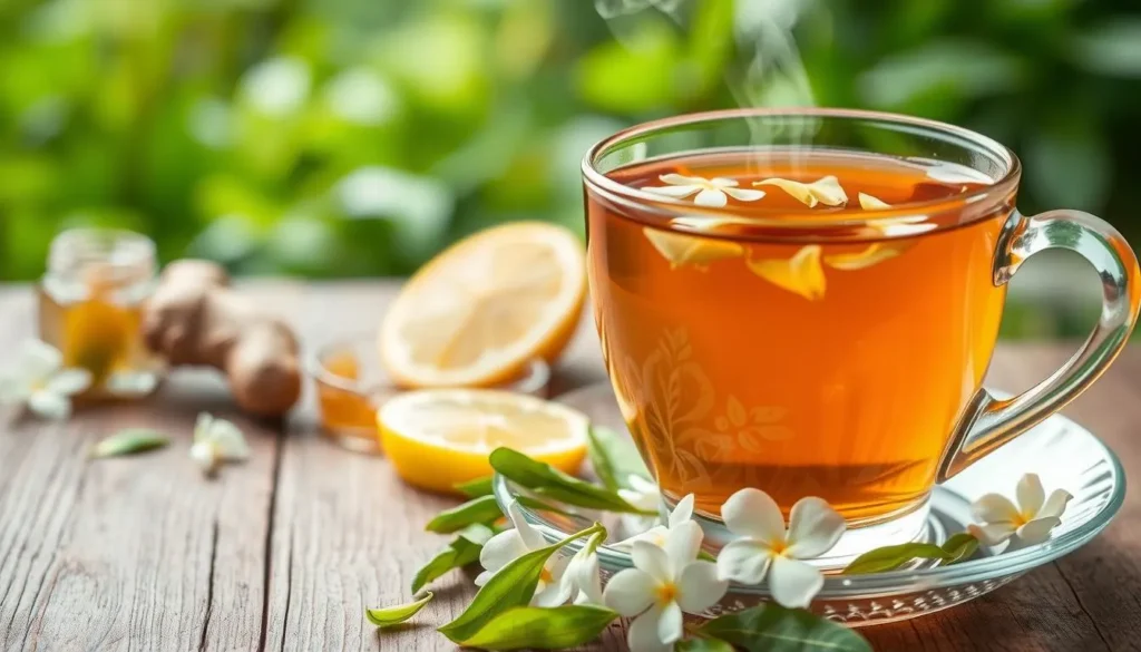 A soothing cup of jasmine tea, steam rising gently, with delicate petals floating atop the amber liquid. In the foreground, a close-up of the tea leaves, their vibrant green hues contrasting with the golden-brown infusion. The middle ground features an array of wellness-promoting ingredients - fresh ginger, lemon slices, and a sprinkling of honey, all harmoniously arranged. In the background, a serene, natural setting with lush greenery and a calming atmosphere. Soft, diffused lighting illuminates the scene, creating a warm and inviting mood. The overall image conveys the health benefits of this aromatic and restorative beverage, crafted by Quick foods Recipes.