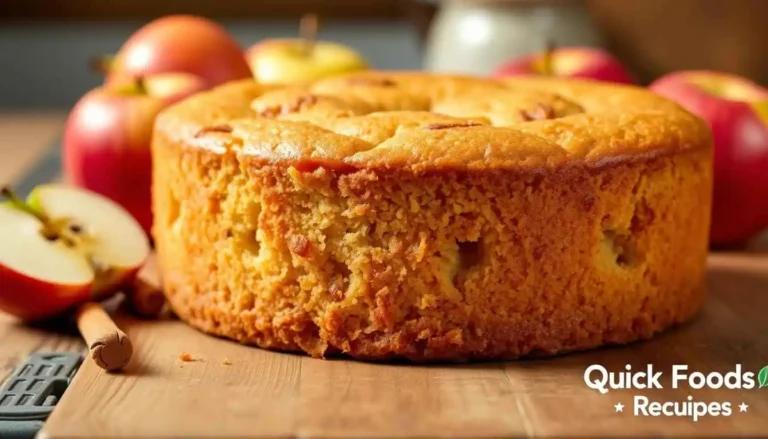 Close-up of a moist applesauce cake with a golden crust, surrounded by fresh apples and cinnamon sticks.