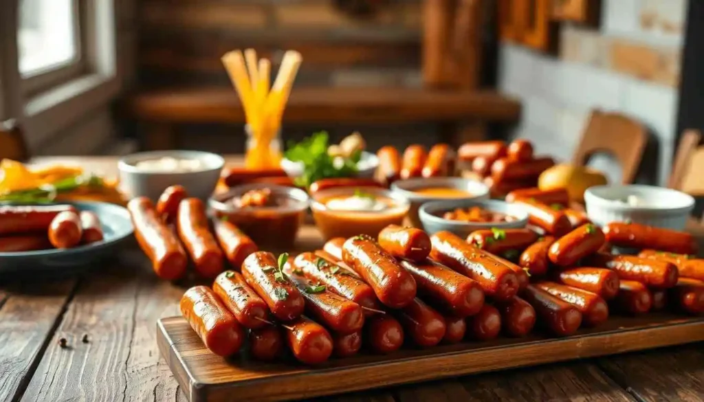 Party platter full of little smokies with assorted dipping sauces and garnishes.