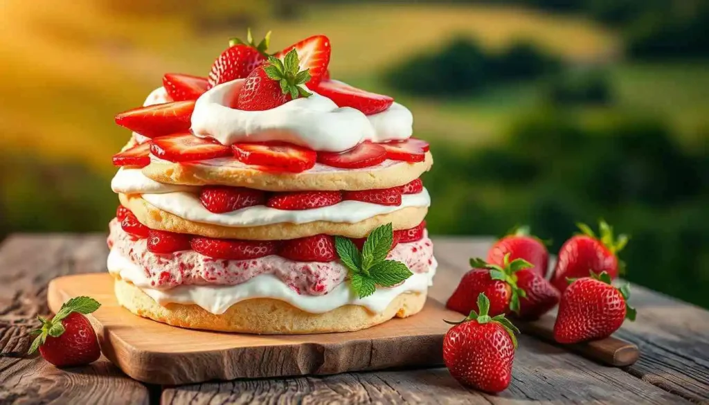 A tall layered strawberry shortcake ice cream cake topped with whipped cream and fresh strawberries on a wooden board with a nature background.