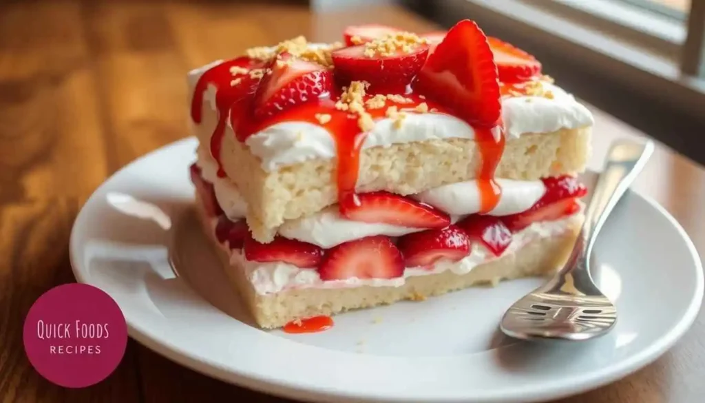 A slice of strawberry shortcake ice cream cake topped with whipped cream, strawberry sauce, and fresh strawberries served on a white plate.