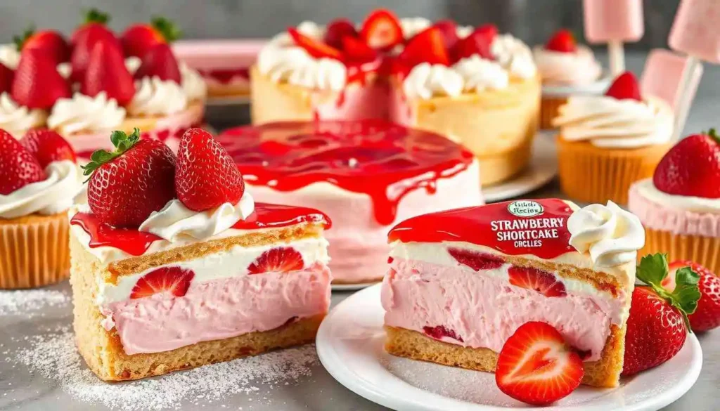 Two slices of strawberry shortcake ice cream cake, one on a white dessert plate and one on the table, with powdered sugar and strawberries on top and the whole cake in the background.