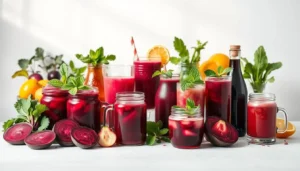 A colorful variety of homemade beet juice in glass jars, garnished with mint and fresh beets in the background