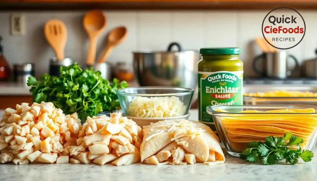 Chopped chicken, shredded cheese, enchilada sauce, and tortillas arranged on a kitchen counter for white chicken enchiladas preparation.