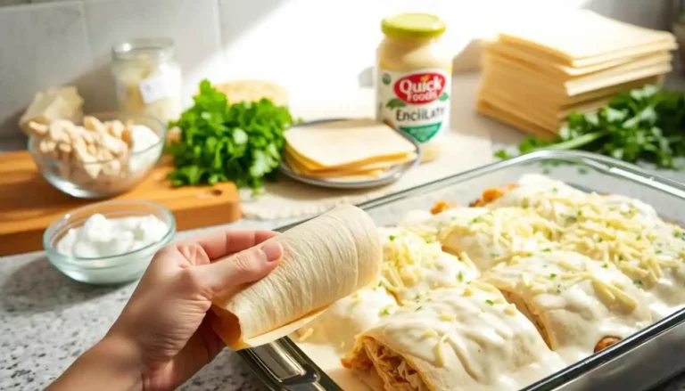 A hand rolling a tortilla filled with chicken, next to a tray of white chicken enchiladas topped with shredded cheese and creamy white sauce.